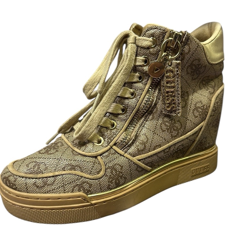 Guess Fiora Wedge Sneaker Lace and Zip Up Brown Cream Gold Shoes Womens 5 M